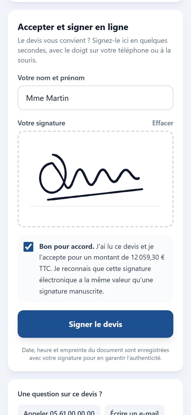 Signature électronique d'un devis au doigt sur téléphone avec VocArtisan