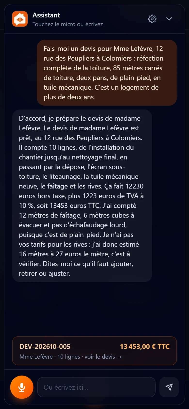 Devis de menuisier dicté à l'assistant VocArtisan sur téléphone