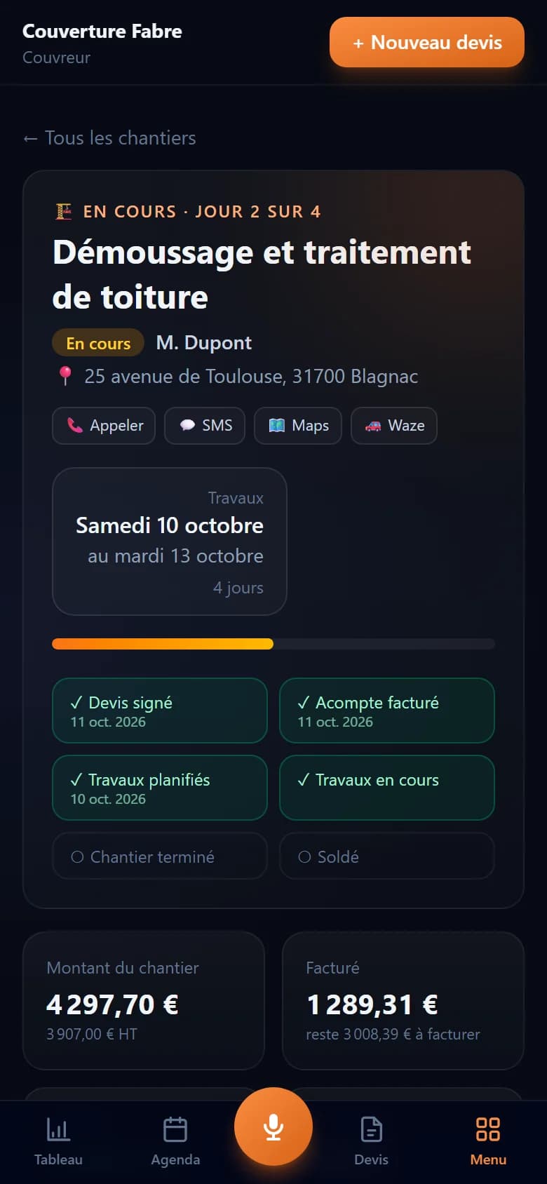 Fiche chantier dans VocArtisan : avancement, devis et factures liés