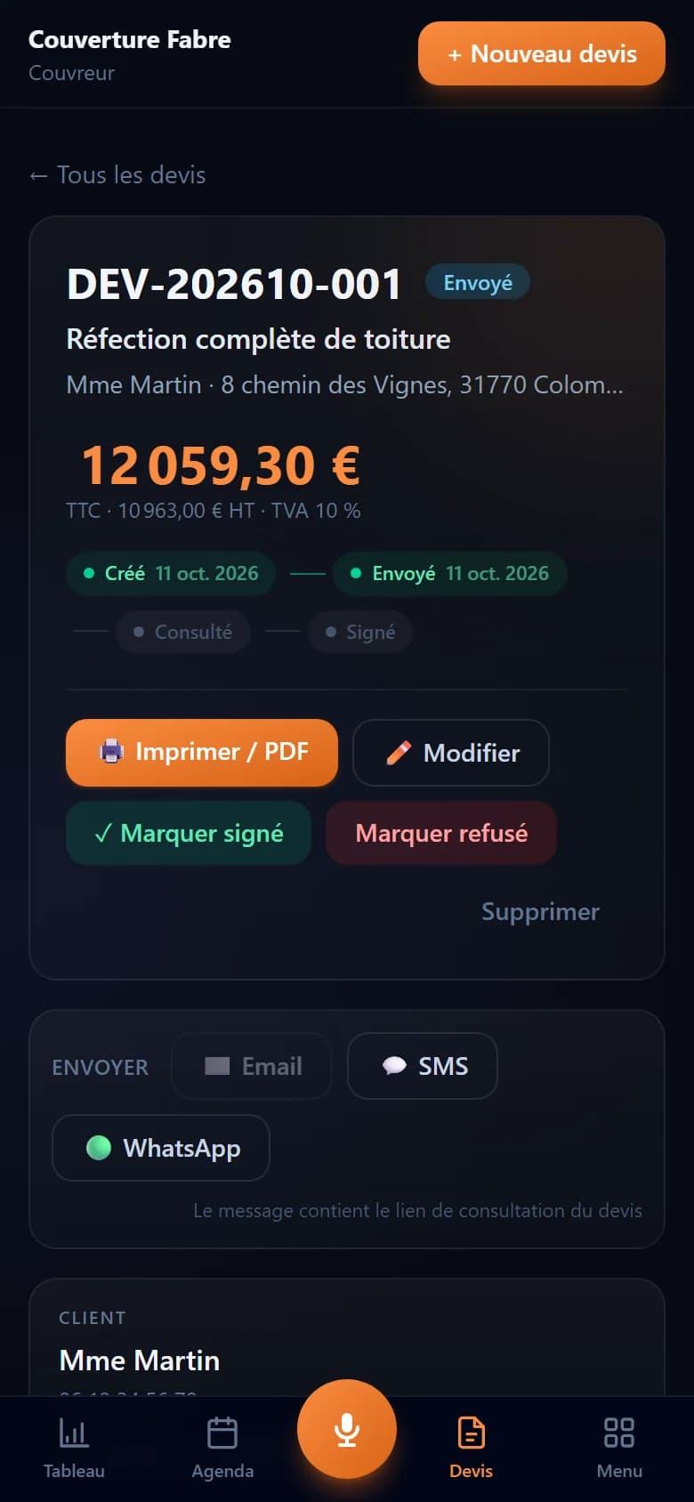Fiche devis dans VocArtisan