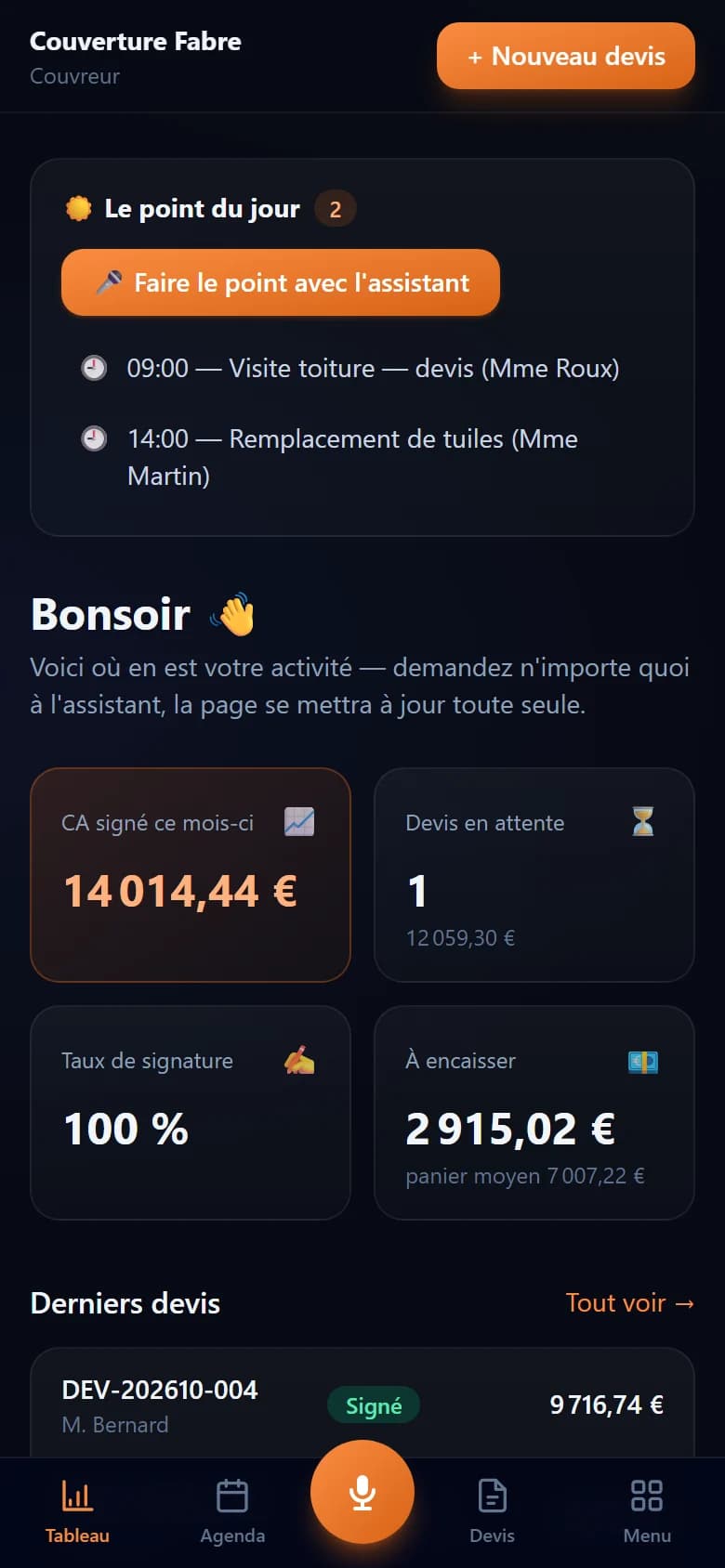 Tableau de bord VocArtisan sur téléphone
